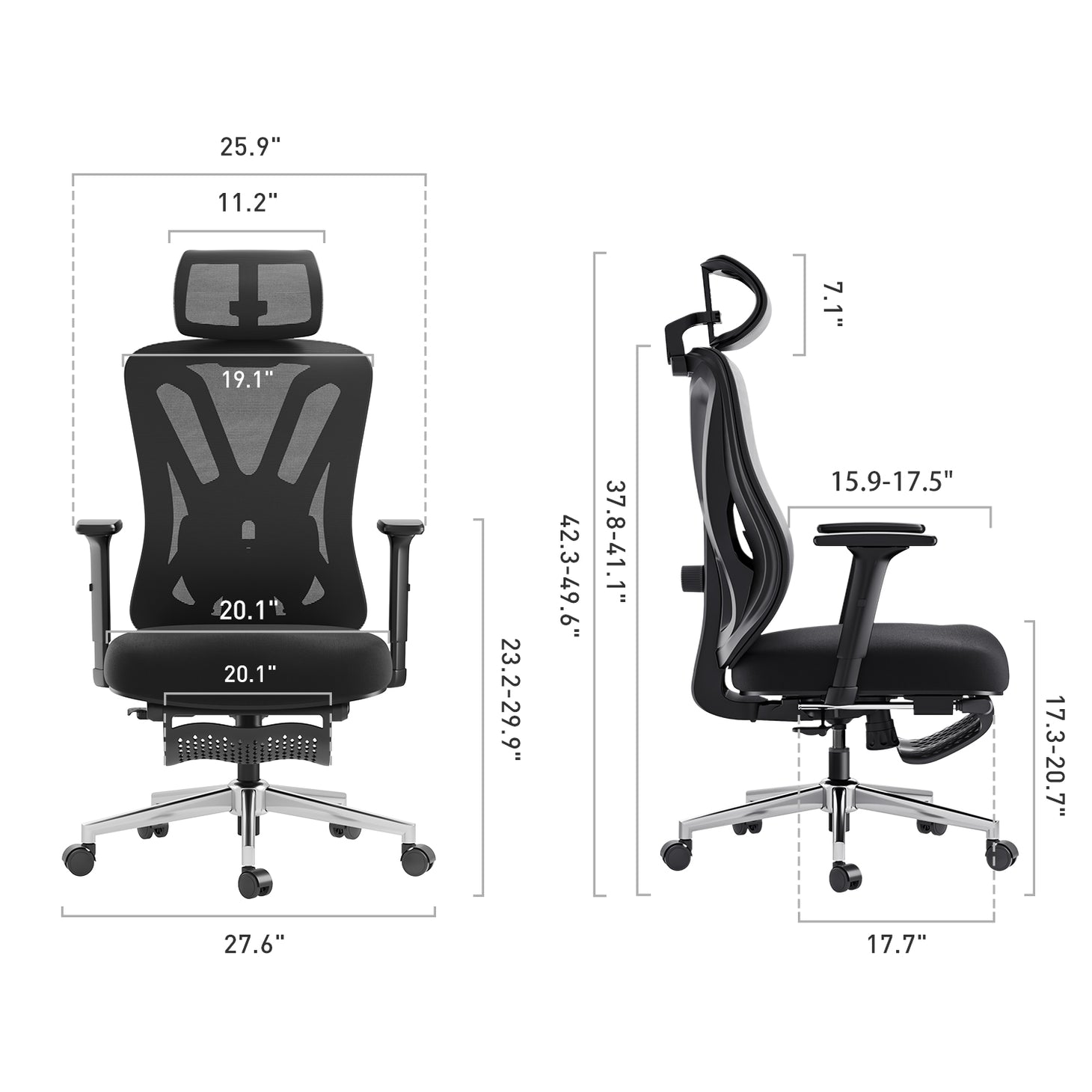 HBADA P5 Ergonomic Office Chair with Footrest black dimensions